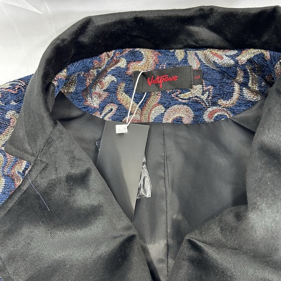 Vatpave Men's Brocade Vest Metallic Baroque Floral Patten Black Satin Lapel - Picture 2 of 7